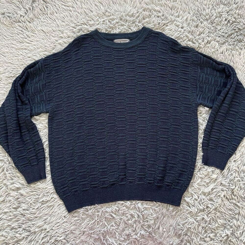 Vintage Grandpa Sweater Textured Crewneck Sweater Blue Green Size XL Classic